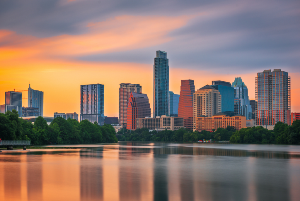 Aerial view of the office buildings in Austin, Texas, where families can process their EB5 visa family members.